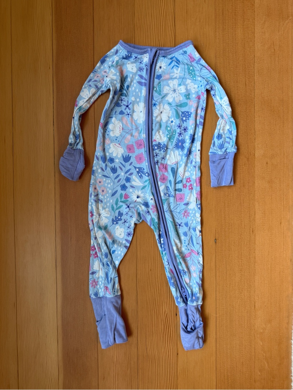 Little Sleepies periwinkle floral footie zippy, 6-12M, lavender trim